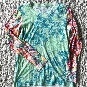 Sundance Whimsy Rose Green and Blue Floral Knit Top size L